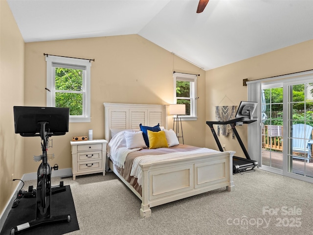 7 Oakhaven Ter, Asheville, NC 28803 - bedroom featuring access to outside, light carpet, lofted ceiling, and ceiling fan