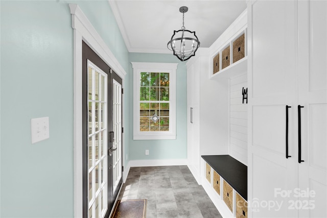 832 Kemp Rd, Mooresville, NC 28117 - mudroom with a chandelier, crown molding, and french doors