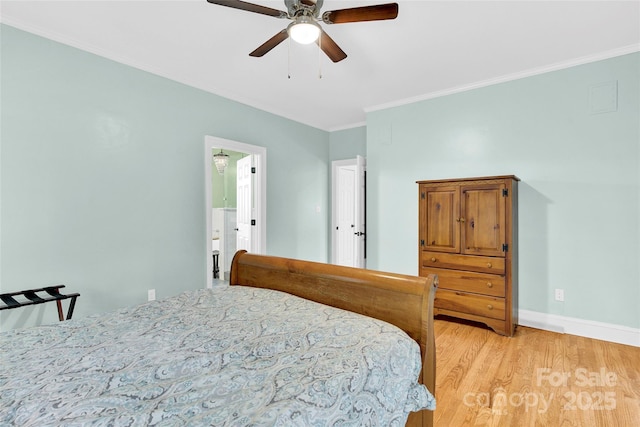 832 Kemp Rd, Mooresville, NC 28117 - bedroom featuring light wood finished floors, crown molding, a ceiling fan, and ensuite bath