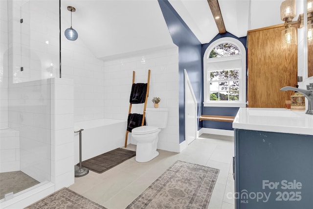 832 Kemp Rd, Mooresville, NC 28117 - bathroom with vanity, lofted ceiling, a tile shower, tile patterned flooring, and a bath