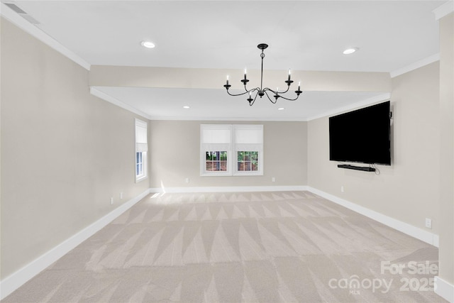 832 Kemp Rd, Mooresville, NC 28117 - unfurnished room featuring crown molding, light colored carpet, a chandelier, and recessed lighting