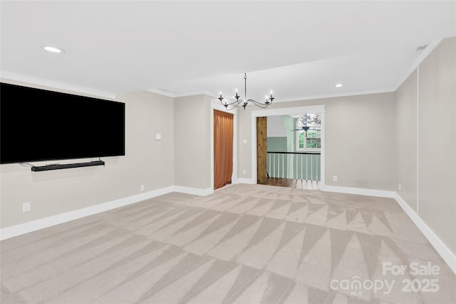 832 Kemp Rd, Mooresville, NC 28117 - unfurnished room with a chandelier, ornamental molding, light colored carpet, and recessed lighting