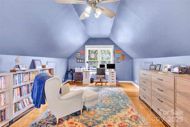 832 Kemp Rd, Mooresville, NC 28117 - office area featuring a ceiling fan, lofted ceiling, and light wood finished floors