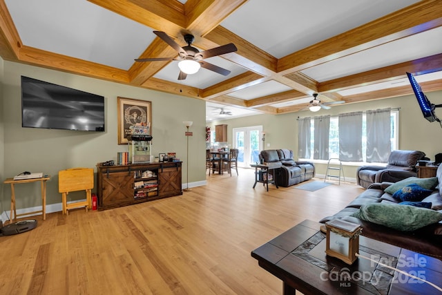 226 Stockwood Ln, Stanley, NC 28164 - living room featuring ceiling fan, baseboards, coffered ceiling, light wood-type flooring, and beam ceiling