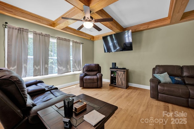 226 Stockwood Ln, Stanley, NC 28164 - living room with coffered ceiling, ceiling fan, baseboards, wood finished floors, and beam ceiling