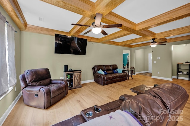 226 Stockwood Ln, Stanley, NC 28164 - living area featuring ceiling fan, coffered ceiling, baseboards, wood finished floors, and beamed ceiling