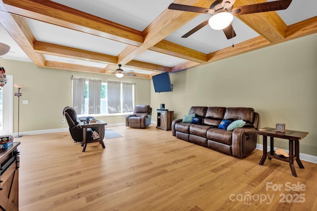 226 Stockwood Ln, Stanley, NC 28164 - living room with coffered ceiling, a ceiling fan, light wood-type flooring, baseboards, and beam ceiling