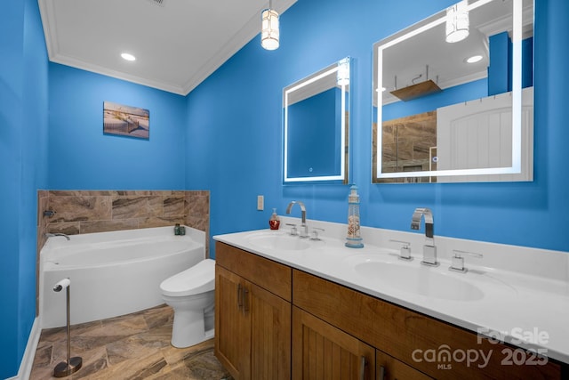 226 Stockwood Ln, Stanley, NC 28164 - full bath featuring a garden tub, double vanity, crown molding, toilet, and a tile shower