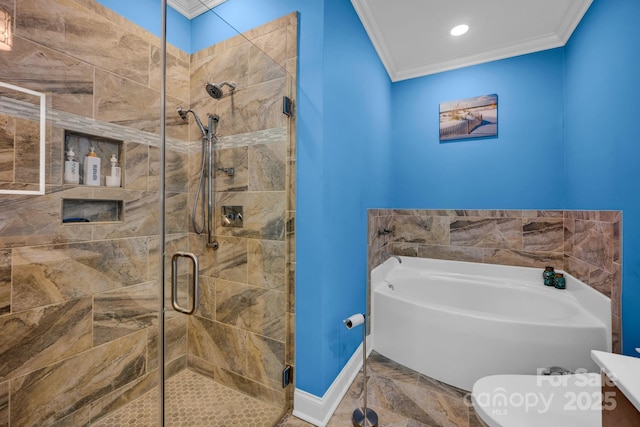 226 Stockwood Ln, Stanley, NC 28164 - bathroom with ornamental molding, a garden tub, a shower stall, marble finish floors, and toilet