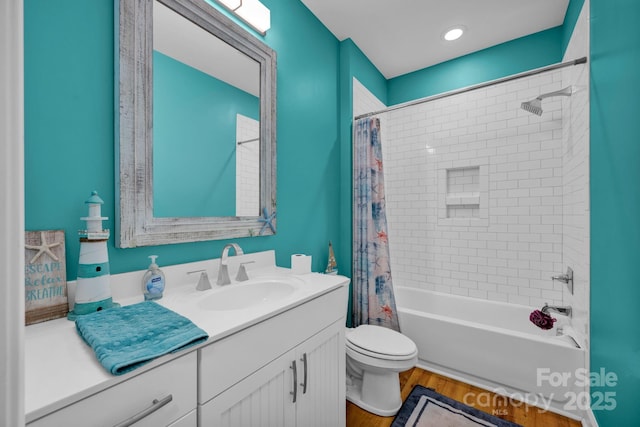 226 Stockwood Ln, Stanley, NC 28164 - bathroom with vanity, toilet, shower / tub combo with curtain, and wood finished floors