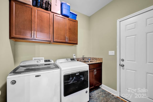 226 Stockwood Ln, Stanley, NC 28164 - laundry area featuring separate washer and dryer, cabinet space, and baseboards
