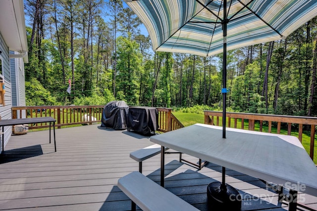 226 Stockwood Ln, Stanley, NC 28164 - wooden terrace with outdoor dining area, a view of trees, and grilling area