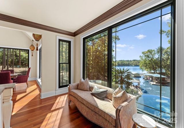1220 Broadside Rd, York, SC 29745 - sunroom / solarium featuring a water view, baseboards, crown molding, and wood finished floors