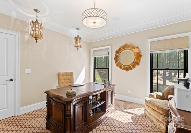 1220 Broadside Rd, York, SC 29745 - office space with light carpet, ornamental molding, baseboards, and a chandelier
