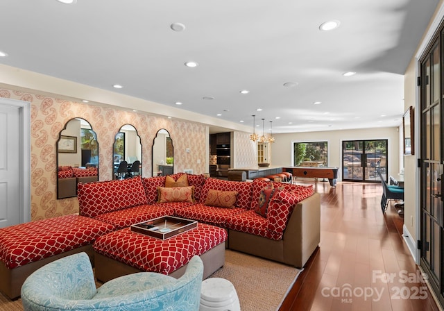 1220 Broadside Rd, York, SC 29745 - living room with wallpapered walls, recessed lighting, and wood finished floors