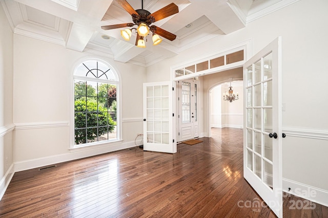 4431 1st Street Dr NW, Hickory, NC 28601 - spare room featuring french doors, coffered ceiling, hardwood / wood-style flooring, beamed ceiling, and crown molding