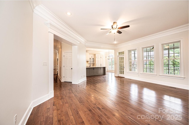 4431 1st Street Dr NW, Hickory, NC 28601 - unfurnished living room featuring ceiling fan, dark wood finished floors, ornamental molding, and baseboards