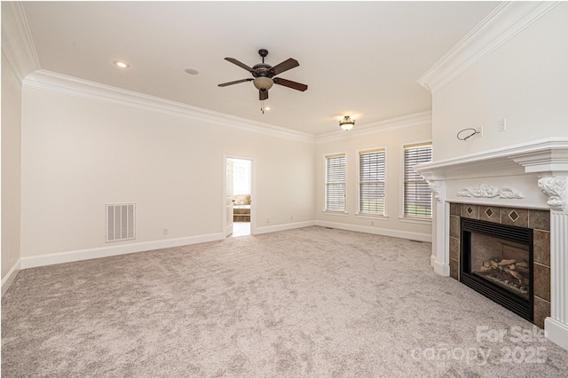 4431 1st Street Dr NW, Hickory, NC 28601 - unfurnished living room featuring ceiling fan, ornamental molding, a fireplace, carpet floors, and baseboards