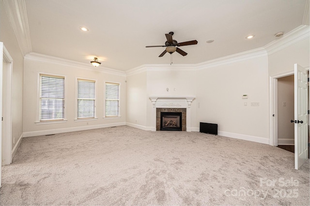 4431 1st Street Dr NW, Hickory, NC 28601 - unfurnished living room featuring ornamental molding, a ceiling fan, carpet, a fireplace, and baseboards