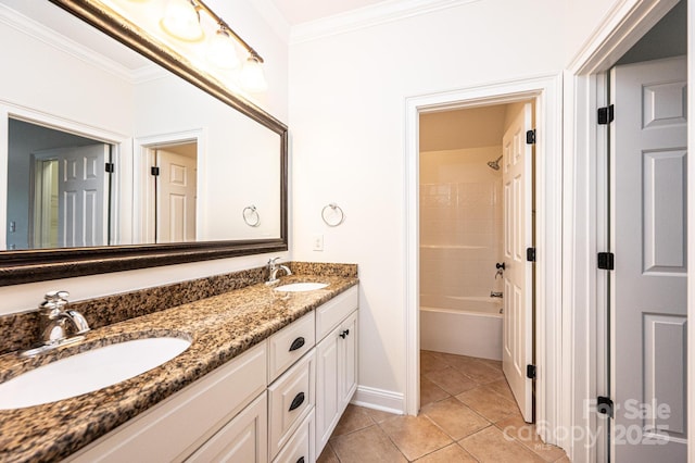 4431 1st Street Dr NW, Hickory, NC 28601 - bathroom featuring double vanity, crown molding, tile patterned flooring, baseboards, and shower / washtub combination