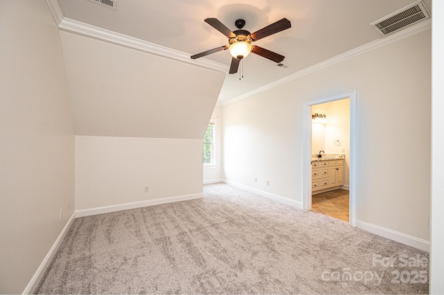 4431 1st Street Dr NW, Hickory, NC 28601 - bonus room featuring light carpet, ceiling fan, baseboards, a sink, and vaulted ceiling