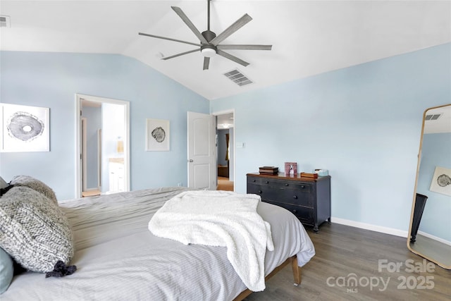 2210 Winding River Dr, Charlotte, NC 28214 - bedroom featuring vaulted ceiling, wood finished floors, baseboards, and a ceiling fan