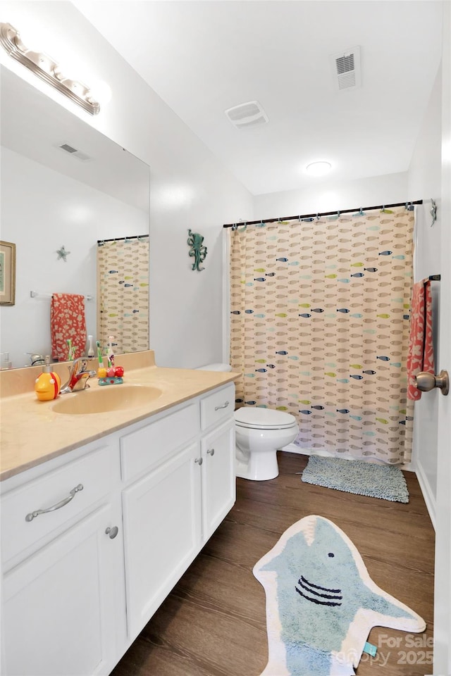 2210 Winding River Dr, Charlotte, NC 28214 - bathroom with vanity, wood finished floors, and a shower with shower curtain