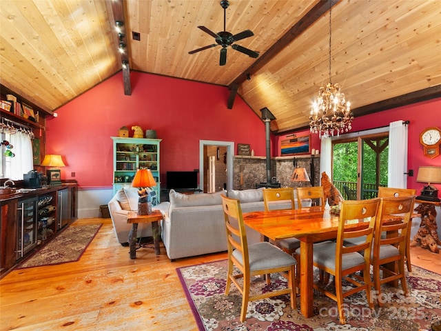 229 Crabtree Mountain Rd, Canton, NC 28716 - dining area featuring a wood stove, hardwood / wood-style flooring, wood ceiling, a chandelier, and a ceiling fan