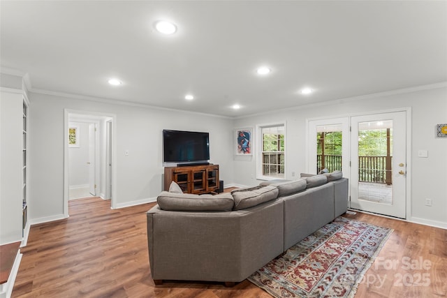 34 Westridge Dr, Asheville, NC 28803 - living area featuring ornamental molding, wood finished floors, baseboards, and recessed lighting
