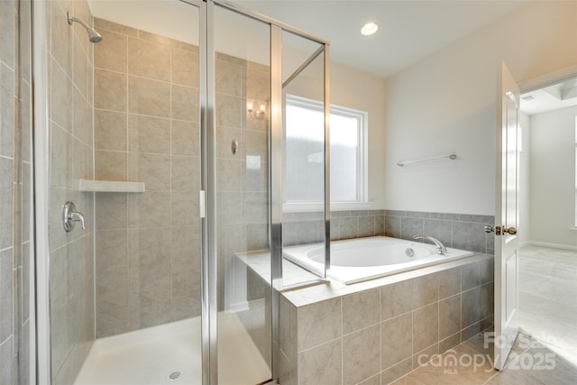 4051 Whittier Ln, Fort Mill, SC 29708 - bathroom featuring a bath, a shower stall, tile patterned floors, and recessed lighting