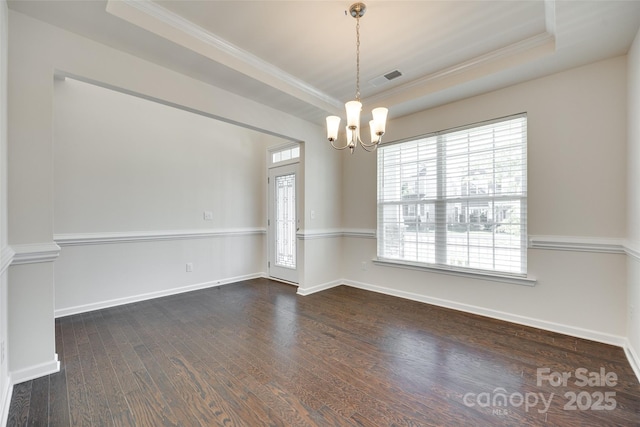 4051 Whittier Ln, Fort Mill, SC 29708 - unfurnished room featuring a chandelier, crown molding, a raised ceiling, dark wood-style flooring, and baseboards
