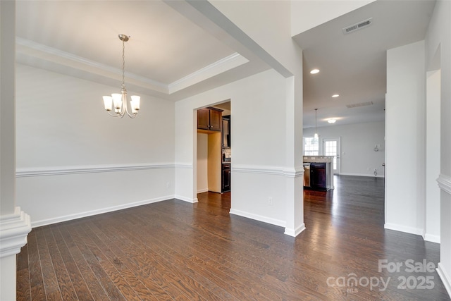4051 Whittier Ln, Fort Mill, SC 29708 - unfurnished room with a chandelier, dark wood-style floors, recessed lighting, crown molding, and baseboards