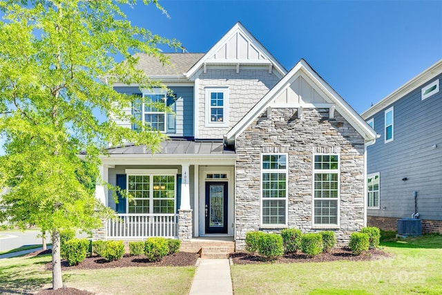 4051 Whittier Ln, Fort Mill, SC 29708 - craftsman-style house with covered porch, board and batten siding, a standing seam roof, and a front yard