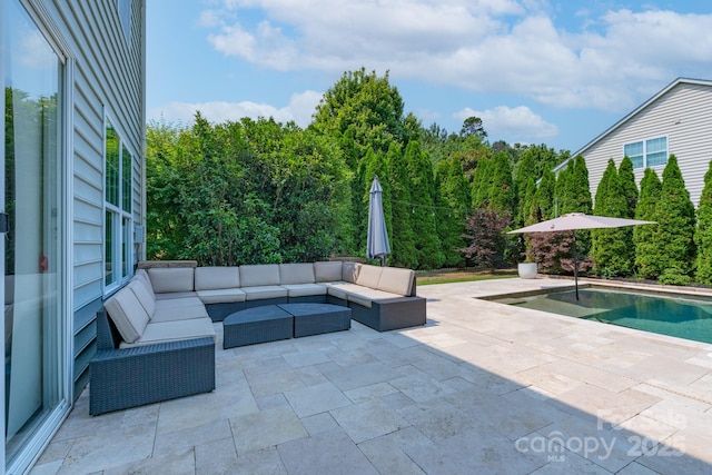 1211 Gold Rush Ct, Fort Mill, SC 29708 - view of patio with outdoor lounge area, an outdoor pool, and a forest view