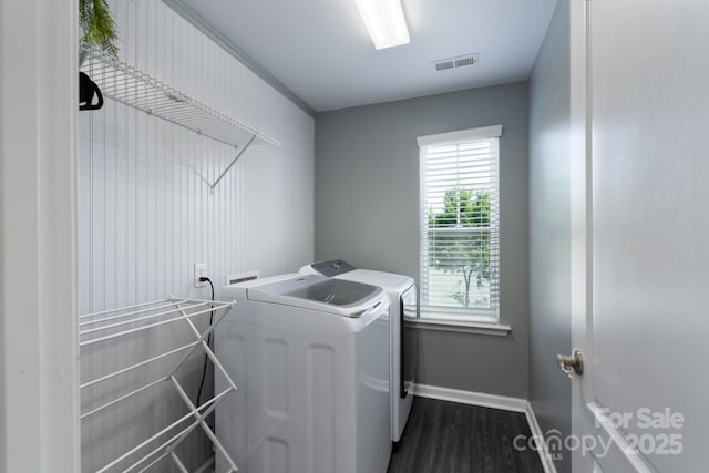 1211 Gold Rush Ct, Fort Mill, SC 29708 - laundry room featuring separate washer and dryer, baseboards, and dark wood-style flooring