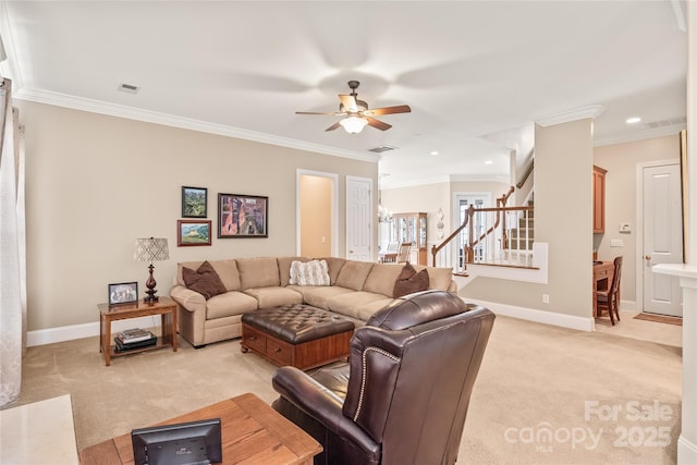 8115 Wilburn Ct, Charlotte, NC 28277 - living area featuring light colored carpet, stairway, ceiling fan, baseboards, and ornamental molding