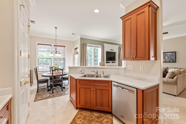 8115 Wilburn Ct, Charlotte, NC 28277 - kitchen featuring stainless steel dishwasher, a sink, brown cabinetry, ornamental molding, and light countertops
