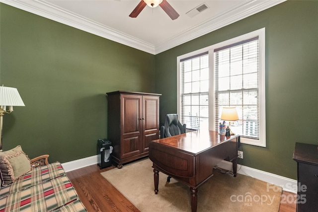 8115 Wilburn Ct, Charlotte, NC 28277 - office featuring a ceiling fan, ornamental molding, baseboards, and wood finished floors