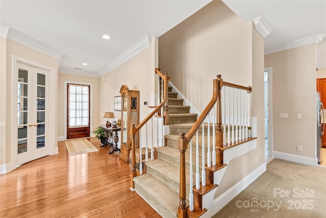 8115 Wilburn Ct, Charlotte, NC 28277 - foyer with crown molding, stairs, french doors, recessed lighting, and light wood-style floors
