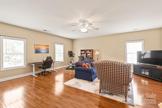 8115 Wilburn Ct, Charlotte, NC 28277 - living area featuring hardwood / wood-style floors, a ceiling fan, an office area, and baseboards