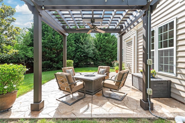 8115 Wilburn Ct, Charlotte, NC 28277 - view of patio featuring a fire pit, a pergola, and ceiling fan