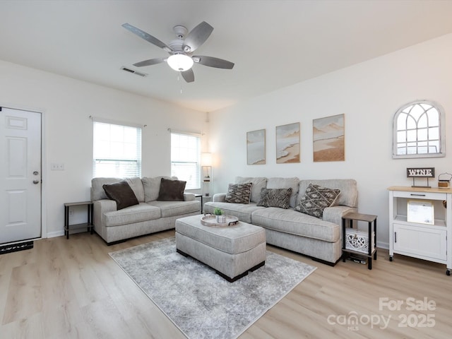 13422 Calloway Glen Dr, Charlotte, NC 28273 - living room featuring ceiling fan, light wood-style floors, and baseboards