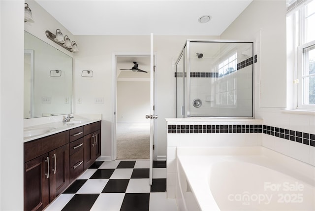 6416 Union Station Ct, Charlotte, NC 28210 - bathroom with a bath, double vanity, tile patterned floors, a ceiling fan, and a stall shower