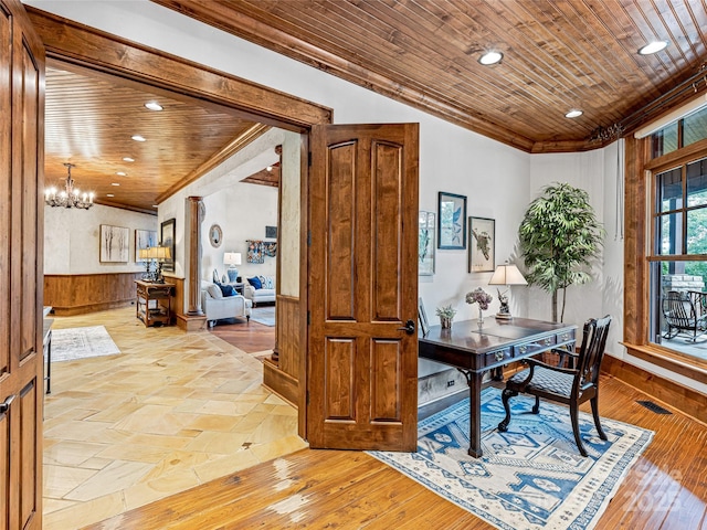 41 Chimney Pt, Lake Toxaway, NC 28747 - office space featuring crown molding, a chandelier, wood walls, recessed lighting, and a wainscoted wall