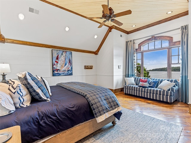41 Chimney Pt, Lake Toxaway, NC 28747 - bedroom with ornamental molding, wood-type flooring, vaulted ceiling, wooden walls, and recessed lighting