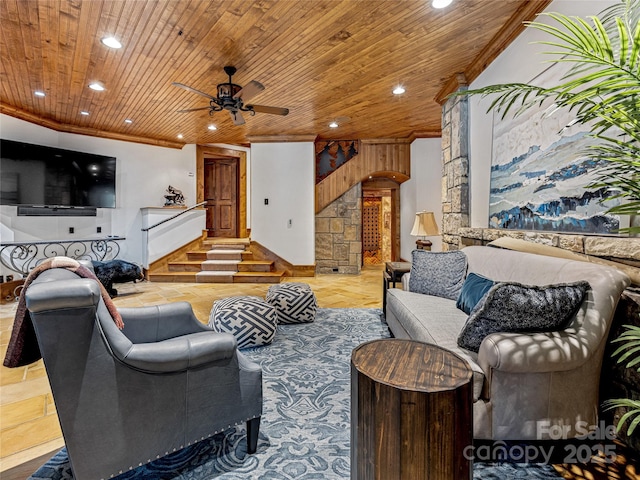 41 Chimney Pt, Lake Toxaway, NC 28747 - living area with recessed lighting, ceiling fan, wooden ceiling, crown molding, and stairway