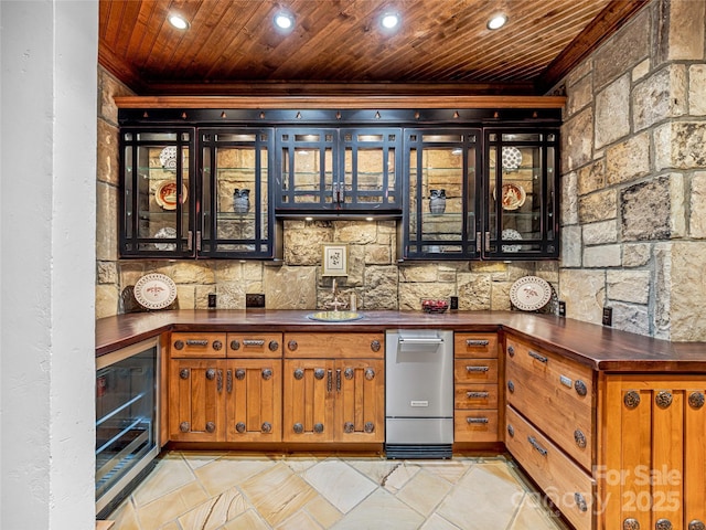 41 Chimney Pt, Lake Toxaway, NC 28747 - indoor bar featuring ornamental molding, wine cooler, wooden ceiling, and recessed lighting