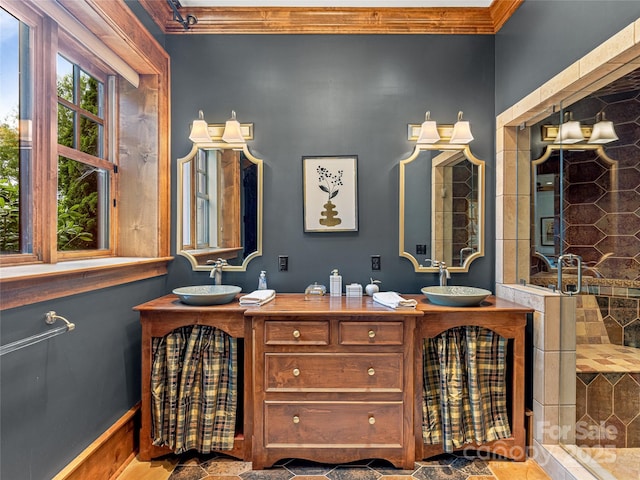 41 Chimney Pt, Lake Toxaway, NC 28747 - full bathroom featuring double vanity, crown molding, and tiled shower