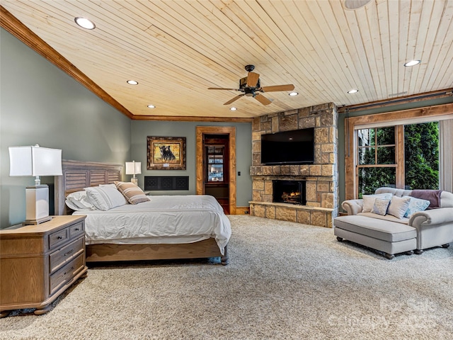 41 Chimney Pt, Lake Toxaway, NC 28747 - bedroom with wooden ceiling, recessed lighting, light colored carpet, crown molding, and a stone fireplace