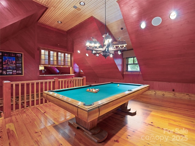 41 Chimney Pt, Lake Toxaway, NC 28747 - rec room featuring wooden ceiling, hardwood / wood-style floors, wood walls, vaulted ceiling, and billiards